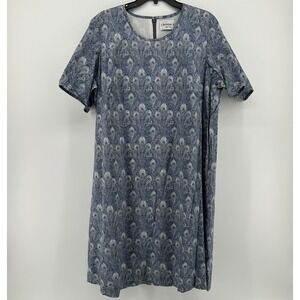 90s Christian A. New York Blue Gray Peacock Feather 100% Cotton Shift Dress XL